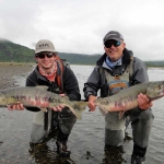 Father/son having fun with tiger salmon